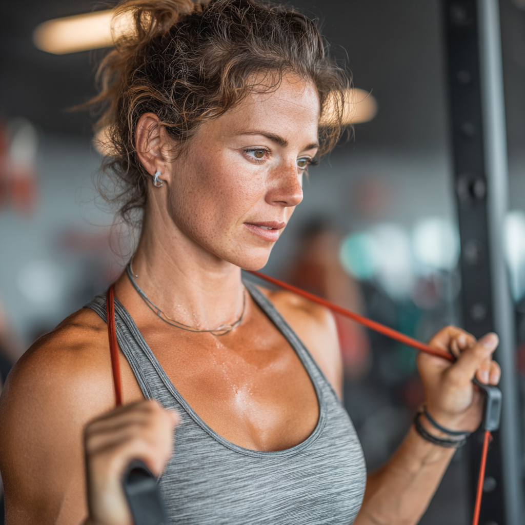 Active woman in her 40s doing functional training with resistance bands in a bright gym setting, focusing on proper form and strength building