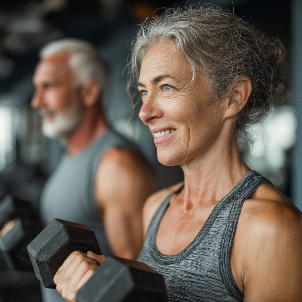 Mature couple in their 50s working out together with dumbbells in a well-equipped fitness center, demonstrating teamwork and commitment to health